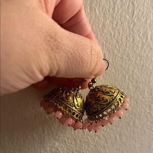 Gold-Tone Jhumka Earrings with Pink Bead Fringe